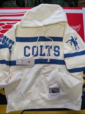Mitchell & Ness Indianapolis Colts Cream Hoodie with Blue Stripes